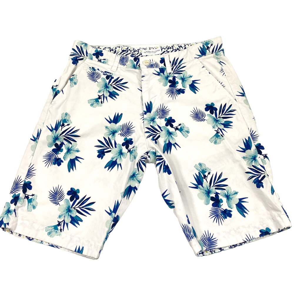 Denim & Flower Bermuda Shorts Men Size 30 White Blue Tropical Hawaiian 9" Inseam